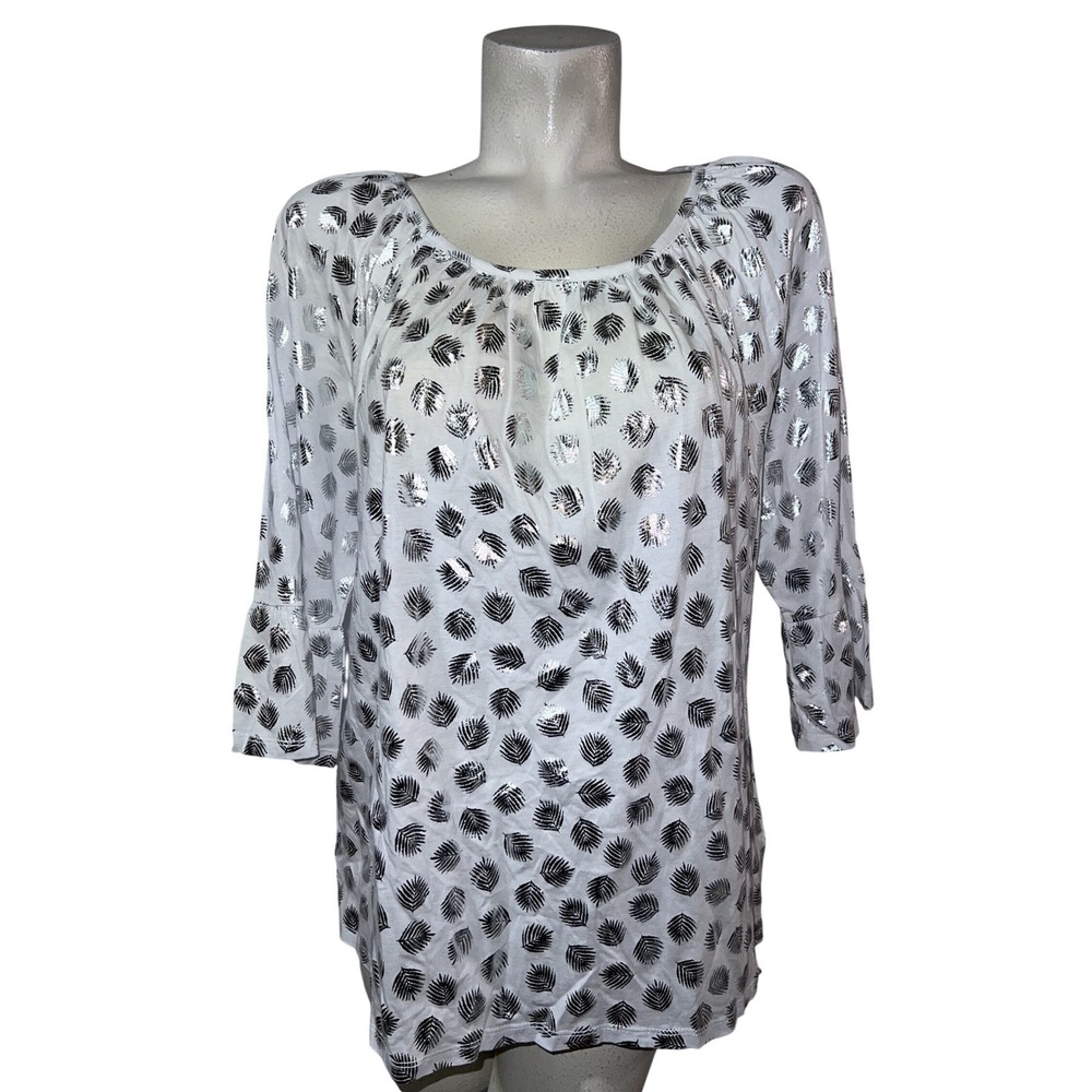 New Michael Kors Top Silver Metallic Palm Leaf White Bell Sleeve Shirt Womens XL